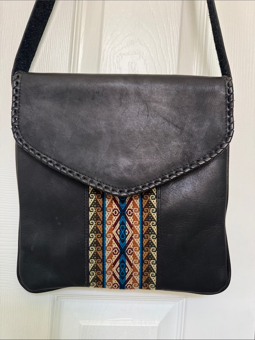 Black Leather Crossbody Bag with Multicolor Embroidered Stripe